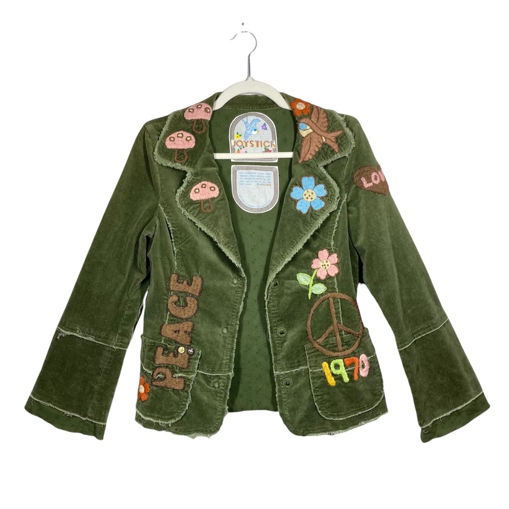 Joystick Johnny Was Corduroy Army Green Embroidered Peace Blazer Jacket Size L